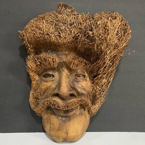 Handcarved Tree Root Man's Face Folk Art Wooden Wood Wall Hanging Shelf Sit